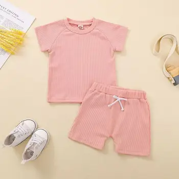 2021 Letné Baby Chlapci, Dievčatá Tshirt Krátke Set Rebrovaný Bavlnená Deti Krátke Rukáv Top+Šortky 2ks Deti Jarné Oblečenie