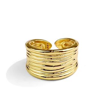 925 Sterling Silver Široký Tvar Zlatá Farba Krúžky Retro Núdzi Otváranie Ručné Krúžok Módny Jemné Šperky