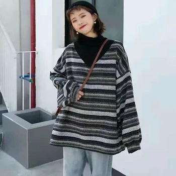 Pulóvre Ženy Svetre Nadrozmerná Bf Harajuku Streetwear Stripe V-Neck Pár Voľné Dámske Kórejský Elegantné 2020 Jeseň Bežné Denné