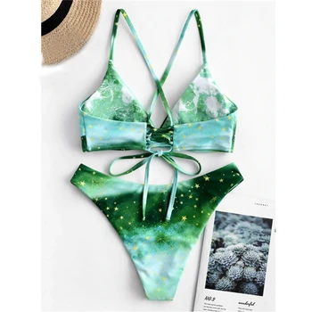 2019 Sexy Tlač Bikiny, plavky Ženy Push Up plavky s uväzovaním za Bikiny Hviezdne nebo Čipky Plavky žena Biquini Pláž Nosiť plavky