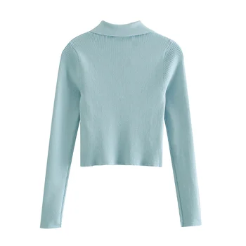 Modrá ženy pletený pulóver svetre 2021 módne dámske dlhý rukáv tlačidlo sveter elegantné ženy knitwear dievčatá elegantné topy