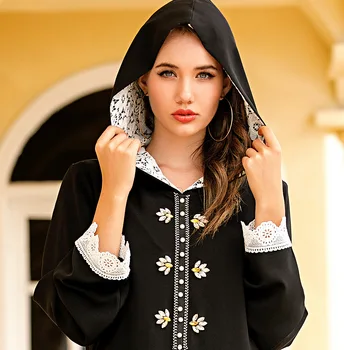 WEPBEL Ženy Marocký Iny Žien Djellaba Moslimských Čipky s Kapucňou Lištovanie Drahokamu Šaty Abaya Celý Rukáv Fashion Šaty