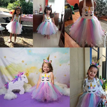 Dievčatá Jednorožec Kostým Fancy Dress Up Deti Sequin Pastel Rainbow Tutu Narodeninovej Party Šaty Princezná Cosplay Dresing