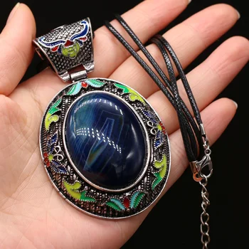 Prírodné Semi-precious Stone Náhrdelník s Príveskom, Oválne Antique Silver Zliatiny Modrá Agates Crystal Náhrdelník pre Ženy Strany Šperky
