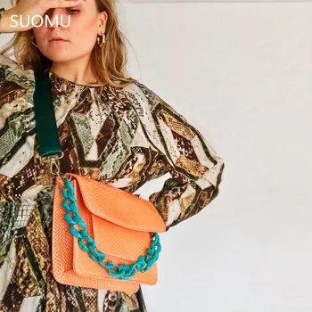 Autor tlač alligator kožená taška cez rameno akryl reťazca kapsičky kabelky ženy orange flap crossbody messenger taška 2021 nové