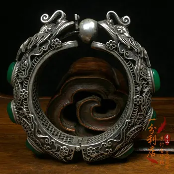 Čína ľudovej staré ruby Tibetského striebra Cloisonne vykladané s greenstone jade Náramok náramok Ušľachtilá 009