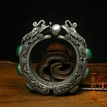 Čína ľudovej staré ruby Tibetského striebra Cloisonne vykladané s greenstone jade Náramok náramok Ušľachtilá 009