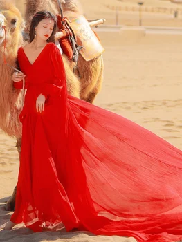 Wavsiyier Elegantné Party-line Šifón Šaty Boho Jarné Šaty Ženy, Luxusné Pevná Červená Backless Vysoký Pás Dlhý Rukáv 2021 Vin