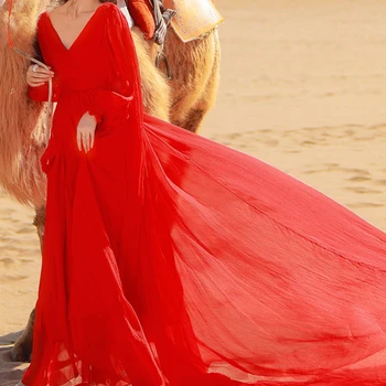 Wavsiyier Elegantné Party-line Šifón Šaty Boho Jarné Šaty Ženy, Luxusné Pevná Červená Backless Vysoký Pás Dlhý Rukáv 2021 Vin