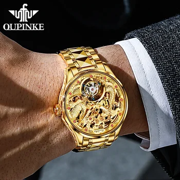 OUPINKE Top Značky Luxusné Muži Mechanické Hodinky Zlaté Hodinky Tourbillon Sapphire Nepremokavé Kostra Náramkové hodinky Relogio Masculino