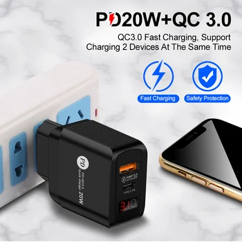 PD QC 3.0 USB Nabíjanie Konektor LED Digitálny Displej Nabíjačka Pre Iphone 12 Xiao Huawei Mobilný Telefón, Cestovné EÚ a USA, UK, Zapojte Adaptér Stenu