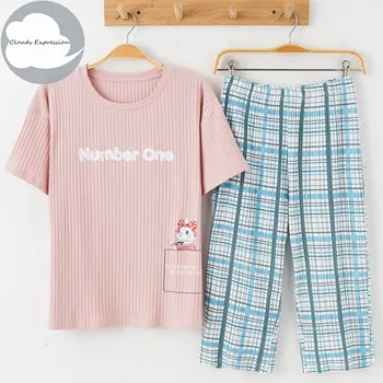 Letné Pajama Sady Krátke Rukávy Cartoon Drop Steh Pruhované Pletených Bavlna Sleepwear dámske Pyžamo Salónik Domov Pijama Mujer