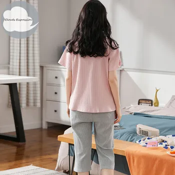 Letné Pajama Sady Krátke Rukávy Cartoon Drop Steh Pruhované Pletených Bavlna Sleepwear dámske Pyžamo Salónik Domov Pijama Mujer