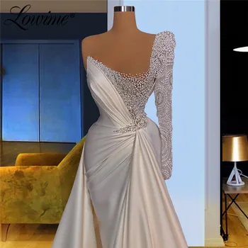 Lowime Luxusný Pearl Korálkové Dlhé Večerné Šaty Formálne Jedného Pleca Na Blízkom Východe Ženy Party Šaty Pre Svadby, Ples Šaty, Šaty