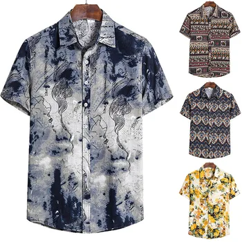 2021 Mens Etnických Krátky Rukáv Bežné Bavlnené Obliečky Tlač Havajské Košele, Blúzky, Pár Loose Fit Havaj Vintage Africkej Tlače
