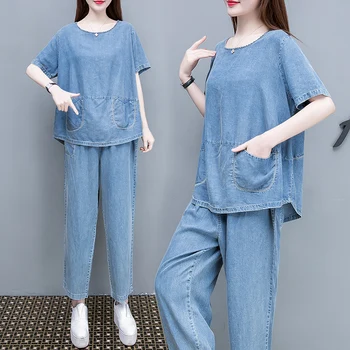 2021 Lete dámskej módy veľké veľkosti, krátky rukáv denim plodín topy+ džínsy vyhovuje ženskej Plus Veľkosť Sweatsuit dva-kus Oblečenie