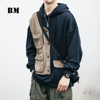 2021 Jar Jeseň Japonský Streetwear Šitie Cargo Hoodie Mužov Oblečenie Hip Hop Pár Ležérny Top Fashion Kabáty, Mikiny