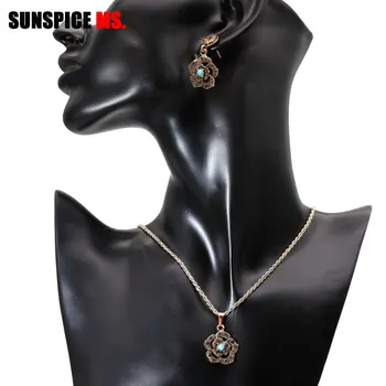 SUNSPICE MS Vintage Náušnice Náhrdelníky Sady Pre Ženy Boho Kvetinové Šperky, Starožitný Zlatá Farba Nigérijský Svadobné Bijoux