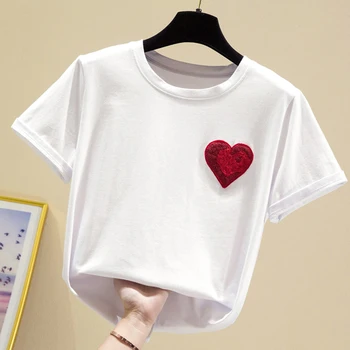 Výšivky Milujúci T shirt Ženy Oblečenie 2021 Letné Topy Žena Tričko White Tee Tričko Femme Bežné Krátky Rukáv, Čierna Bavlna