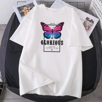 Motýľ Glorous Cartoon Žena T-shirts Streetwear O-krku Žena 2021 Nové Fialová Letné Oblečenie Nadrozmerná Polyester Camisetas