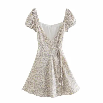 PSEEWE Za Kvetinový Tlač Zábal Krátke Letné Šaty Žien 2021 Móda Krátkych Lístkového Rukáv Mini Šaty Žena Vintage Šaty Cottagecore