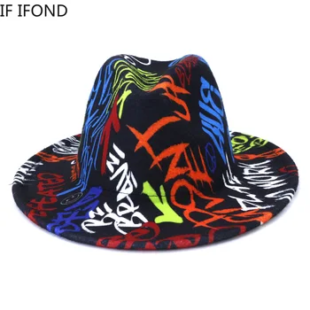 2021 NOVÉ Európske a Americké Módne Graffiti Jazz Fedora Klobúk Jeseň Zima Vlnené Široký Okraj plstený klobúk Formálne Spp Sombrero