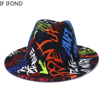 2021 NOVÉ Európske a Americké Módne Graffiti Jazz Fedora Klobúk Jeseň Zima Vlnené Široký Okraj plstený klobúk Formálne Spp Sombrero