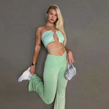 Sexy Obväz Svetlo Zelené Oblečenie Y2K Streetwear 2021 Letné Módy Šnúrkou Okolo Plodín Top+Nízkym Pásom Obličkového Nohavice 2 Dielna Sada