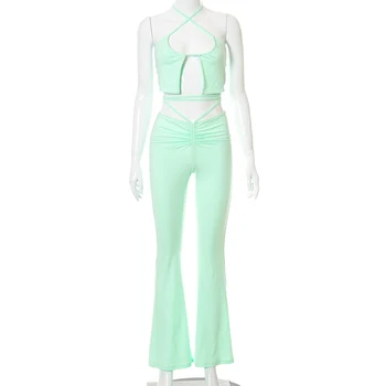 Sexy Obväz Svetlo Zelené Oblečenie Y2K Streetwear 2021 Letné Módy Šnúrkou Okolo Plodín Top+Nízkym Pásom Obličkového Nohavice 2 Dielna Sada