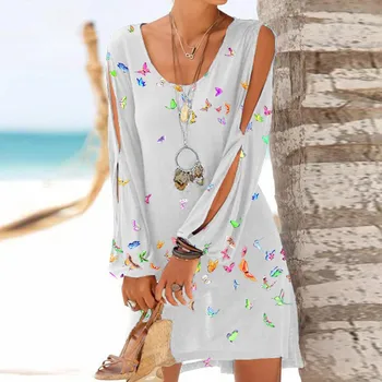 Elegantný V Krku Šatka Šaty Žien 2021 Lete Sexy Off-The-Ramenný Výrez Dlhým Rukávom Tlače O-Neck Beach Mini Šaty sukienka