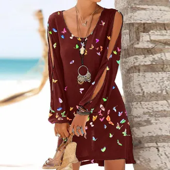 Elegantný V Krku Šatka Šaty Žien 2021 Lete Sexy Off-The-Ramenný Výrez Dlhým Rukávom Tlače O-Neck Beach Mini Šaty sukienka