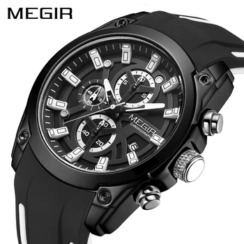 MEGIR 2021 Čierne Športové Pánske Hodinky Top Značky Luxusné Chronograf Mužov náramkové hodinky Quartz Armády Vojenské Hodiny reloj hombre
