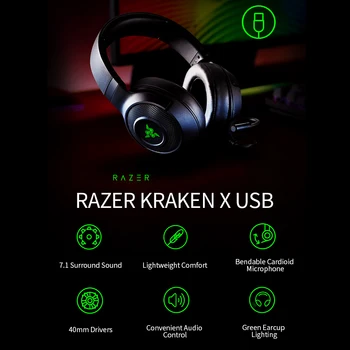 Razer Herné Headset Slúchadlá Kraken X-USB 7.1 Priestorový Zvuk, Ultra Ľahké Slúchadlá Ohybný Cardioid Mikrofón Vlastné Naladený