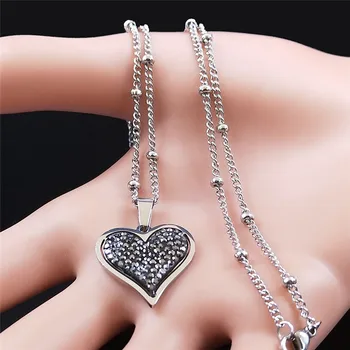 Srdce Black Crystal Nehrdzavejúcej Ocele s Príveskom, Náhrdelník Ženy, Strieborná Farba Malé Kúzlo Šperky, Náhrdelníky chaine N4871S01