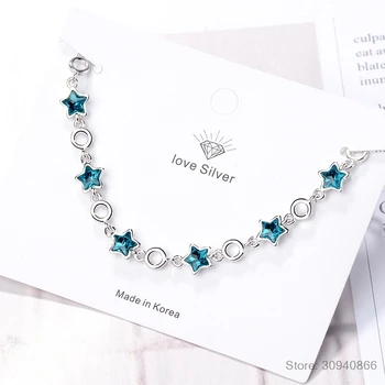 Originálne 925 Sterling Silver Blue Crystal Hviezdy Reťazca Náramok Sladké Pentagram Kúzlo Náramok Pre Ženy SL090