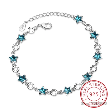 Originálne 925 Sterling Silver Blue Crystal Hviezdy Reťazca Náramok Sladké Pentagram Kúzlo Náramok Pre Ženy SL090