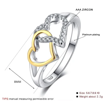 Móda Srdci Crystal Krúžky Zlatá Farba Prst Svadobný Prsteň Zásnubný Prsteň Cubic Zirconia Prstene pre Ženy Strany Darček