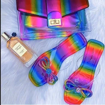 2021 Crystal Jelly Flip-flops Ženy Papuče Rainbow Luk Flip-flops a Drahokamu Ploché Papuče Taška Módne Topánky Chanclas Mujer