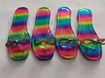 2021 Crystal Jelly Flip-flops Ženy Papuče Rainbow Luk Flip-flops a Drahokamu Ploché Papuče Taška Módne Topánky Chanclas Mujer