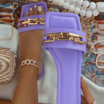 Ženy, Nový Dizajn Papuče Zlata Reťazca Topánky Otvorené Prst Sandále Žena Námestie Hlavu Nízke Podpätky Dievčatá Bežné Listov 2021 Flip Flop