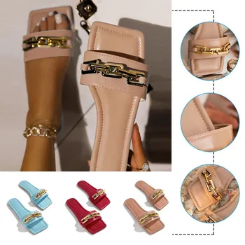 Ženy, Nový Dizajn Papuče Zlata Reťazca Topánky Otvorené Prst Sandále Žena Námestie Hlavu Nízke Podpätky Dievčatá Bežné Listov 2021 Flip Flop