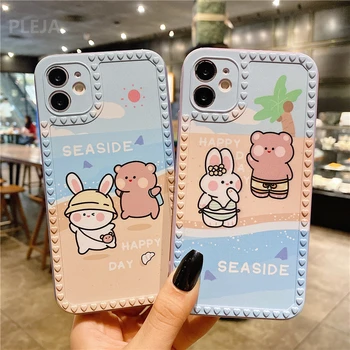 Cute Rabbit Beach Medveď Telefón puzdro Pre iPhone 12 mini 11 Pro Max 7 8 plus X XR XS Max SE 2020 Capa Módne Cartoon Mäkké Pokrytie