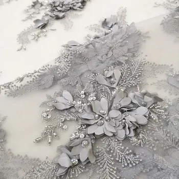 Sivá Strieborná Ručné Korálkové Čipky Tkaniny, Výšivky s Flitrami 3D Kvety Nášivka Kvalitné francúzske Svadobné Šaty Čistý Tylu