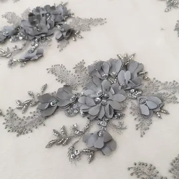 Sivá Strieborná Ručné Korálkové Čipky Tkaniny, Výšivky s Flitrami 3D Kvety Nášivka Kvalitné francúzske Svadobné Šaty Čistý Tylu