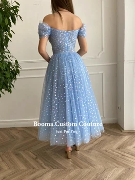 Booma Víla Modrá Výdatné Prom Šaty 2021 Ramena tvaru Midi Prom Šaty Skladaný Čaj-Dĺžka-Line Svadobné Party Šaty