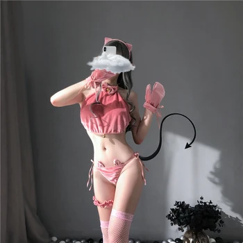 Japonský Sexy spodnú Bielizeň Bunny Dievča Cosplay Kostým Velvet Bellyband Ružová Cute Cat Bell Bielizeň Nastaviť Slúžka Jednotné s Rukavice Nastaviť