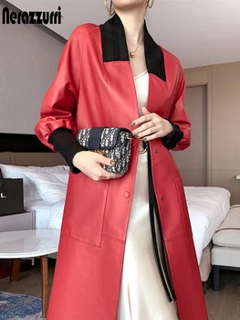 Nerazzurri Jar Dlhý Kožený Kabát Ženy 2021 V Krku Raglan Rukáv Vrecká Jeseň faux kožená bunda pre ženy kórejský móda