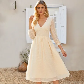 2021 jar & leto šaty new American dámske šaty kvetinový dlhým rukávom sexy tvaru strednej dĺžky šaty večerné Polovici Teľa LYQ113
