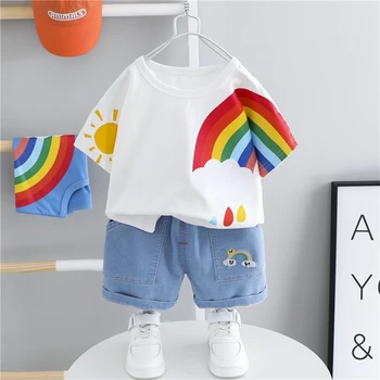 HYLKIDHUOSE Letné Baby Chlapci, Dievčatá Oblečenie Sady Batoľa Detská Bavlna Rainbow, Tričko, Šortky Deti detský Oblečenie Oblečenie