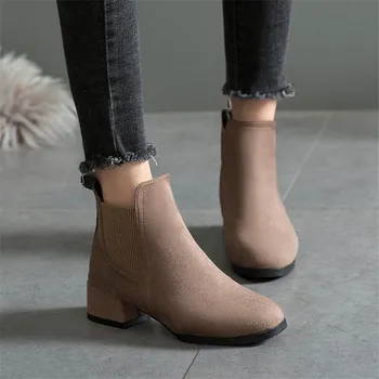 2021 Ženy Čierne Členkové Ponožky, Topánky Móda Jeseň Strečové Tkaniny Topánky Robustný Vysoké Podpätky Štvorcové Prst Ženy Šaty, Topánky